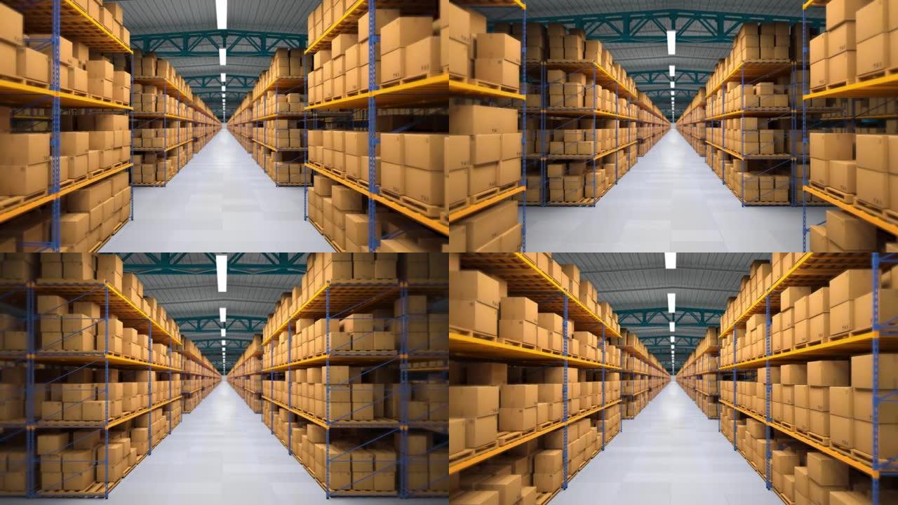 The flight of the camera in a large warehouse with