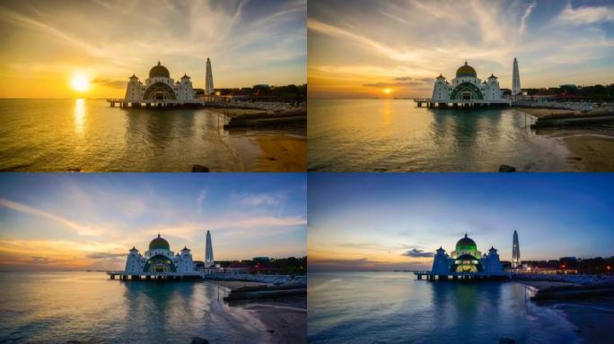 4K日出时马六甲海峡清真寺的时间间隔。