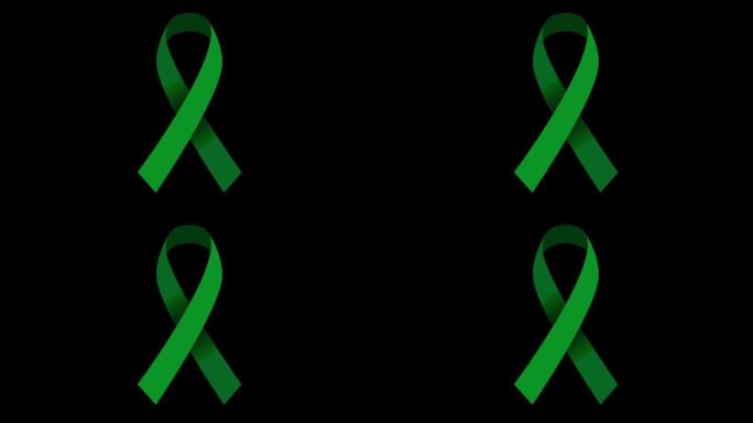 4K绿色哀悼缎带库存动画。绿色意识视频。阿尔法通道。