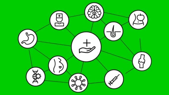 白色圆圈中的动画线医学图标。黑色符号。孤立在绿色背景上的线性矢量插图。