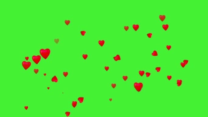 飞行红心和编曲框架心形的动画元素。复制空间。绿屏。爱情、激情、婚礼的概念。情人节的文字位置