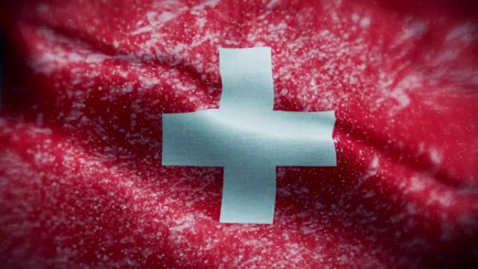 4K暴风雪/雪在瑞士国旗股票视频。冷淡的瑞士国旗。旋转/旋转的冰晶。雪花掠过瑞士国旗。