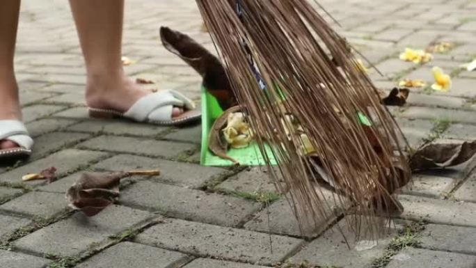 一个女人用扫帚和簸箕在院子里扫干树叶