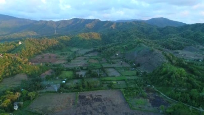 日落时分有丘陵和稻田的热带火山岛的空中拍摄