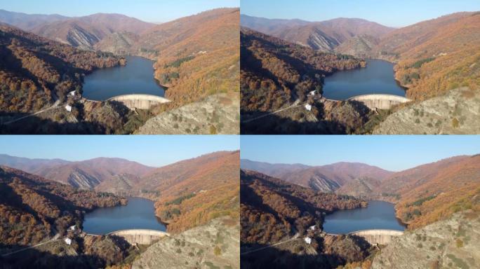 水力发电站大门有流动的水，鸟瞰图