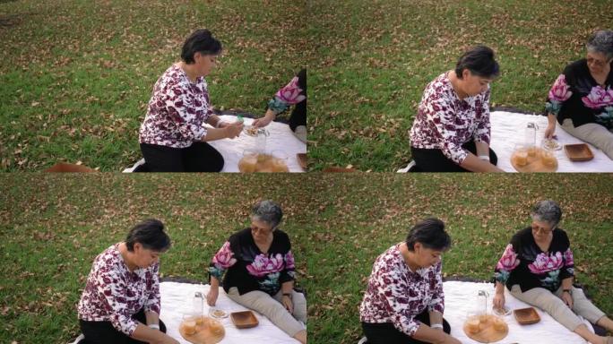 Friendly mother and daughter having a picnic