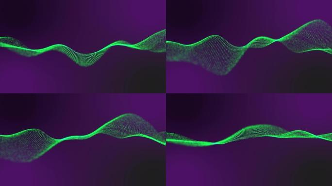 黑暗背景上的抽象绿色和紫色波粒具有光效，数字技术连接和创新理念