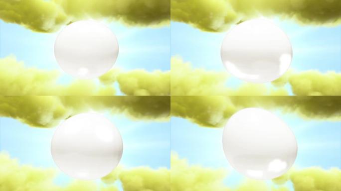 3D动画微距液体胶原蛋白血清维生素，在云彩和太阳背景的蓝天上缓慢运动的气泡。