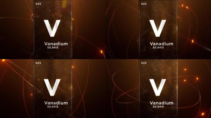 元素周期表的钒 (V) 符号化学元素，原子设计背景的3D动画