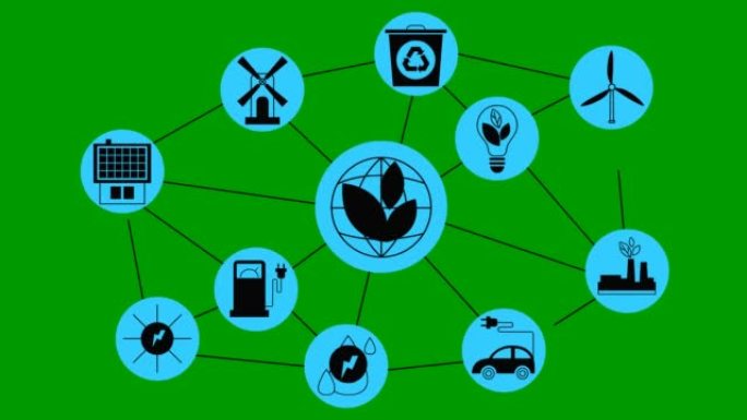 白色圆圈中的动画平面生态图标。用于可再生能源、绿色技术、生态护理的扁平蓝色符号。绿色背景上的矢量插图