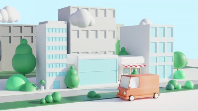 3d动画城市景观卡通背景。送货车在城市里行驶。