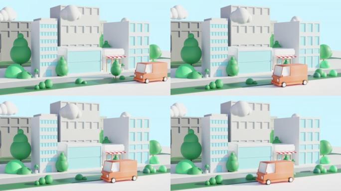 3d动画城市景观卡通背景。送货车在城市里行驶。