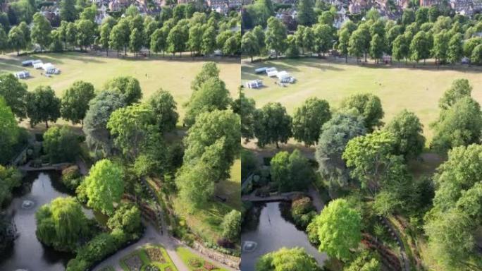 垂直视频，无人机视频俯视英国富有创意的令人惊叹的公共公园