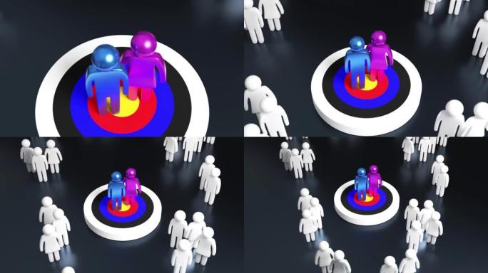 3D彩色火柴人目标观众在4k分辨率的白色观众中选择