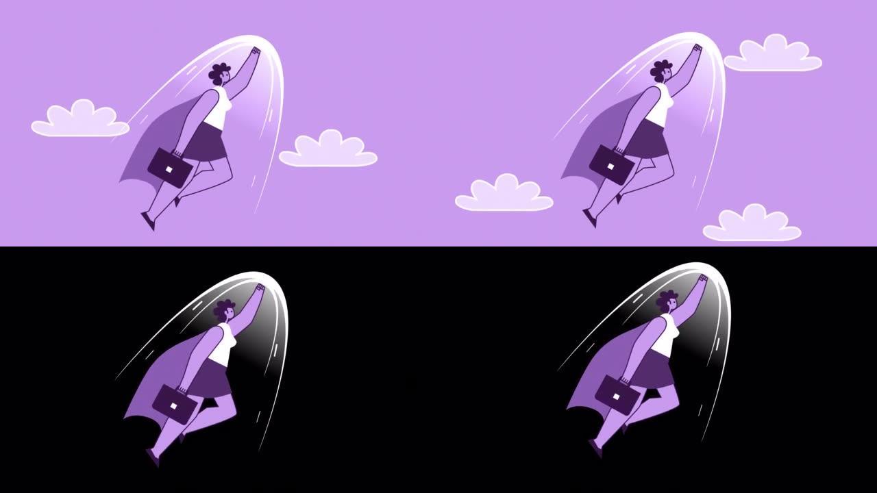 紫色风格的女人扁平角色超级英雄速度飞起来。带有Alpha通道的孤立动画