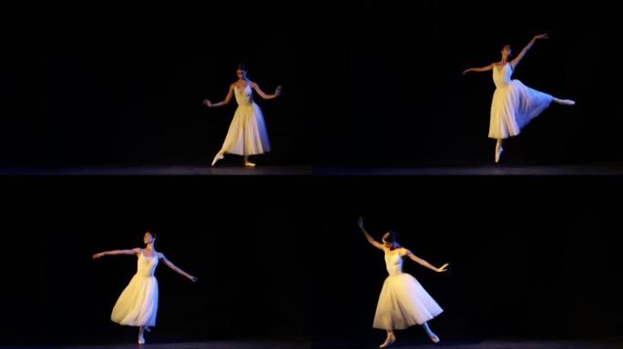 古典芭蕾舞女舞者在做古典芭蕾舞的元素。穿着白色裙子的芭蕾舞女演员出现失重生物。