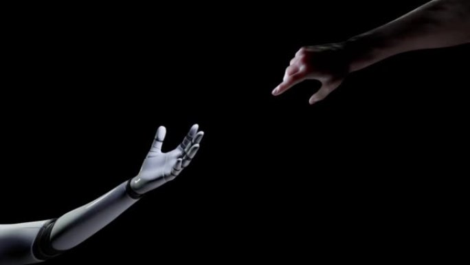 Human hand helping robot AI arm to connect with al
