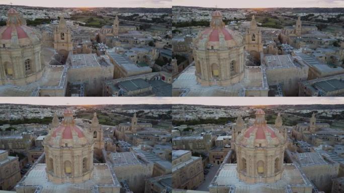 4k日落无人机-古老的中世纪堡垒城市Mdina，马耳他。旧的资本