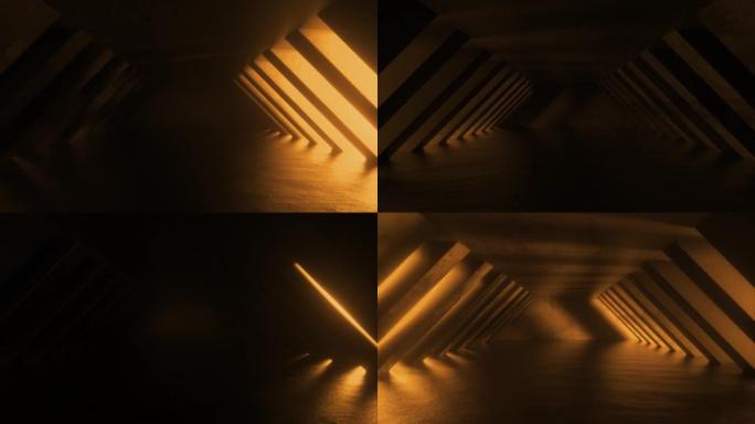 4k未来派科幻霓虹灯隧道，橙色霓虹灯。发光的五颜六色的光穿过走廊。3D运动动画无缝循环