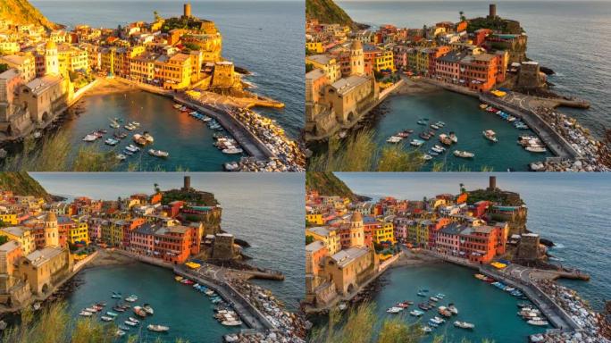 在意大利美丽而风景秀丽的海滨村庄韦尔纳扎老村韦尔纳扎，延时日落美景。组成意大利五渔村的小镇之一