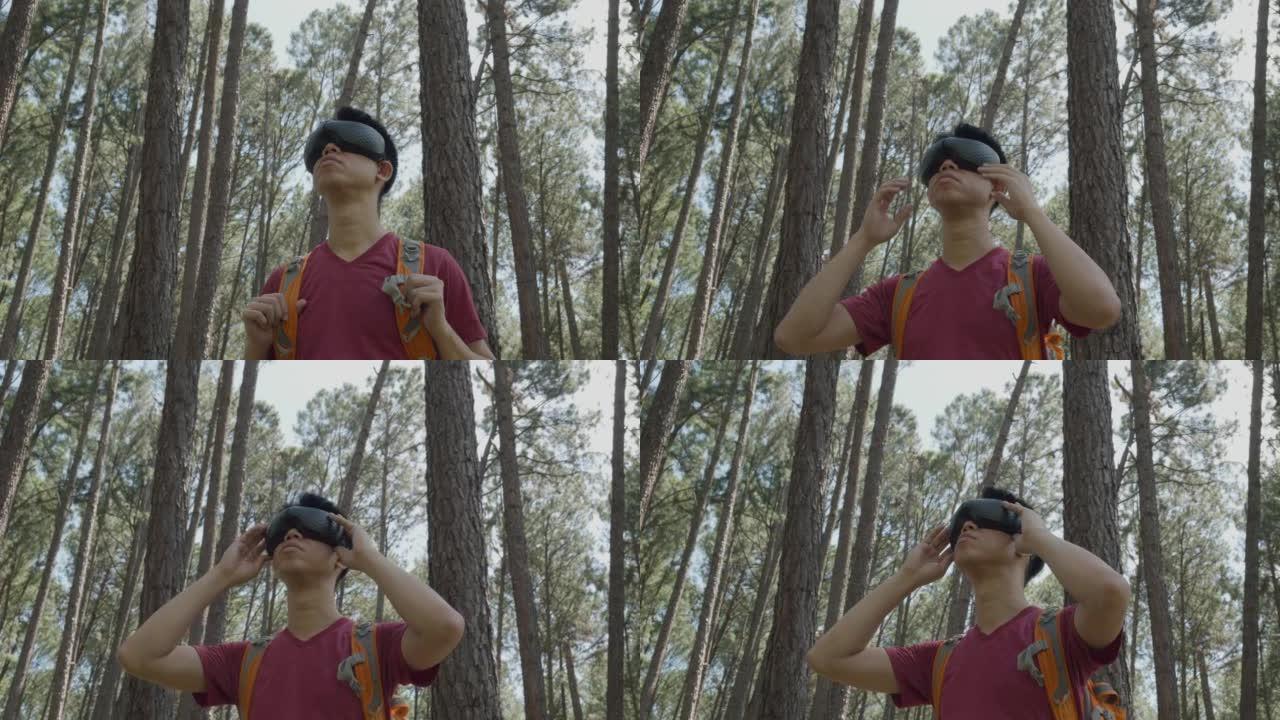 游客使用VR玻璃观看松林的虚拟世界