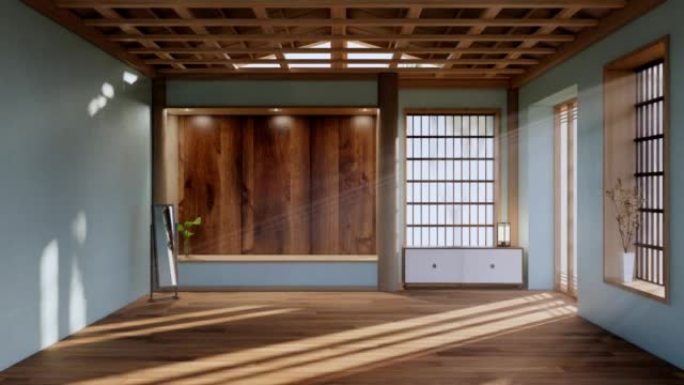 薄荷空大殿，亚洲室内清洁室禅宗风格。3D渲染