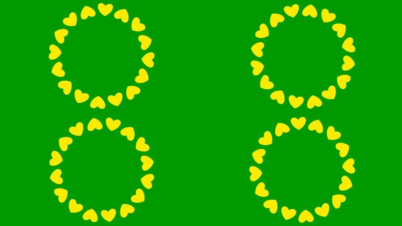 动画旋转黄色心圆。循环视频。矢量插图孤立在绿色背景上。