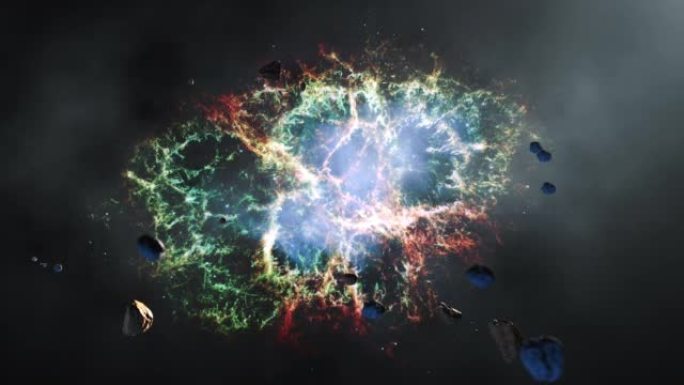 星系太空飞行探索蟹状星云外层空间的太空岩石。4k循环动画，飞越发光的星云，云和星星场。