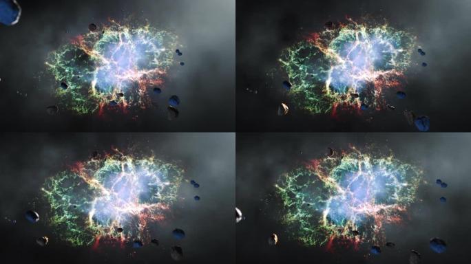 星系太空飞行探索蟹状星云外层空间的太空岩石。4k循环动画，飞越发光的星云，云和星星场。