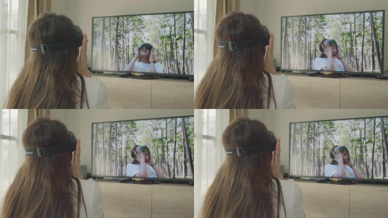 女人戴虚拟现实耳机在虚拟松林获得体验模拟数字世界旅行模拟器