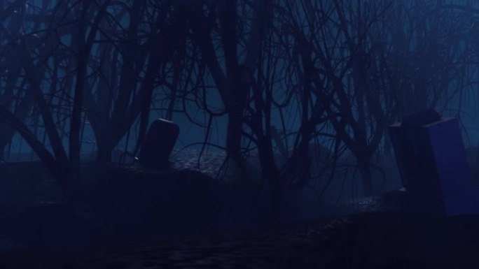 3d动画4k。万圣节主题的幽灵般的黑暗森林，有雾或云，蓝色凉爽的月光。