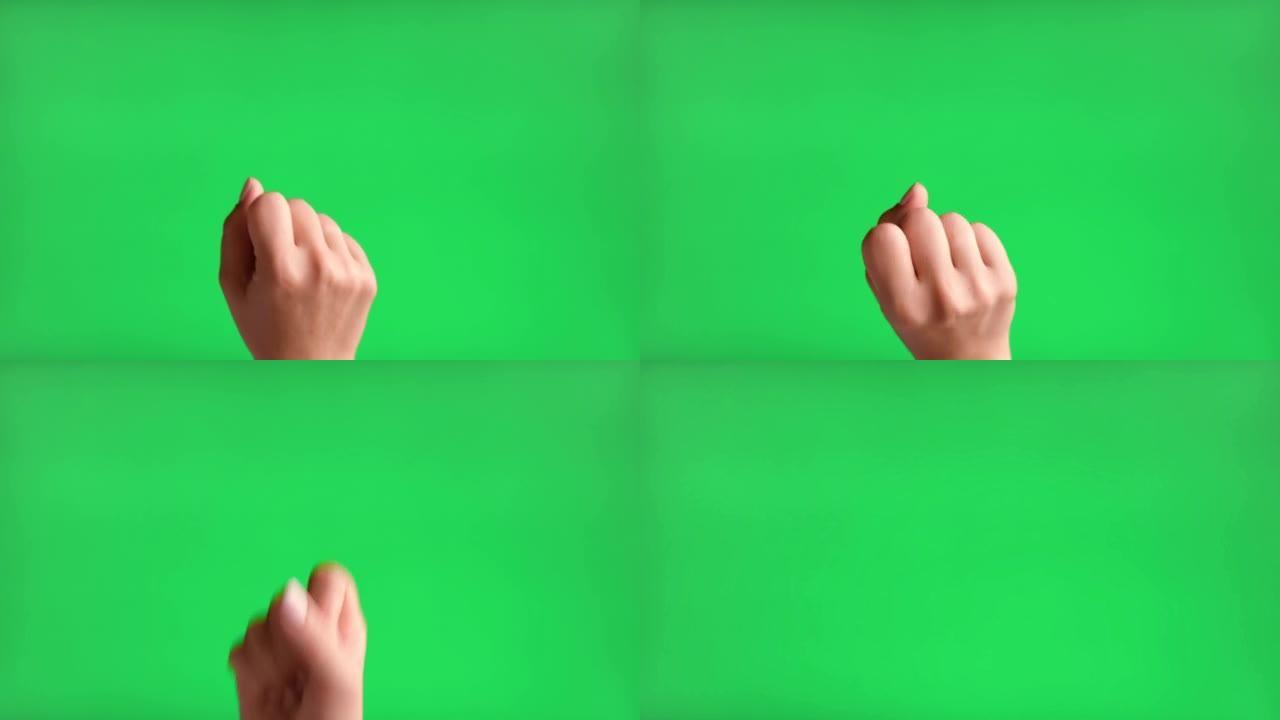 手势包。女性手与米色修指甲手敲隔离在色度键绿色屏幕背景。肢体语言。4k素材包。特写。手工敲敲。