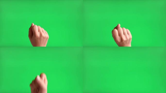 手势包。女性手与米色修指甲手敲隔离在色度键绿色屏幕背景。肢体语言。4k素材包。特写。手工敲敲。