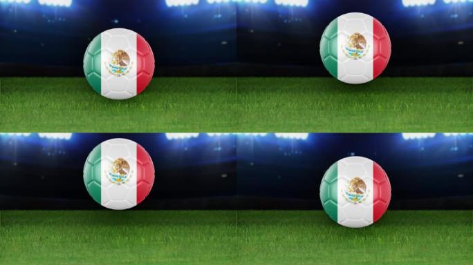 墨西哥国旗足球，带灯跳入体育场。足球场和球，4k分辨率，循环-股票视频