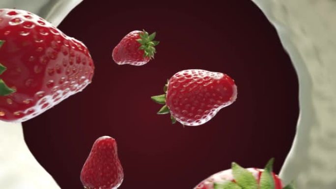 逼真的草莓和牛奶飞溅3D视频动画。