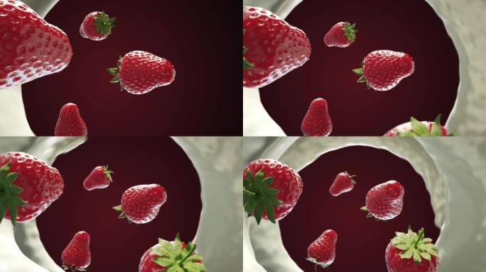 逼真的草莓和牛奶飞溅3D视频动画。