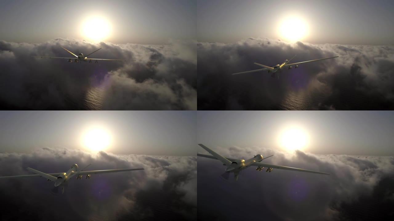 一架装备精良的军用无人机在云层中飞行。日出，军事任务的开始。