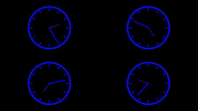 时钟动画在12小时4k视频股票视频时钟，手表-钟表，动画-运动图像，计时器，图标，蓝色黑色背景