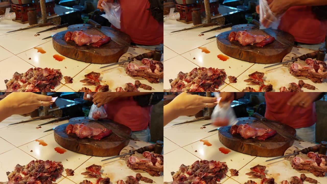 屠夫在生产过程中生产香肠的生肉