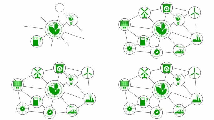 白色圆圈中的动画平面生态图标。可持续能源、可再生能源、绿色技术、生态护理的扁平绿色符号。白色背景上的