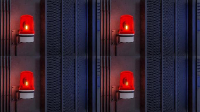 工业阁楼风格墙壁上的红色警报器灯3d渲染动画