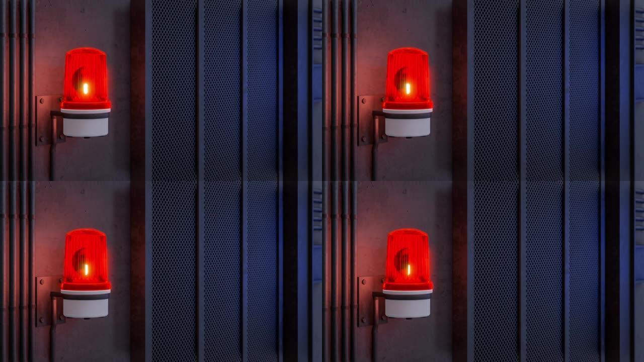 工业阁楼风格墙壁上的红色警报器灯3d渲染动画