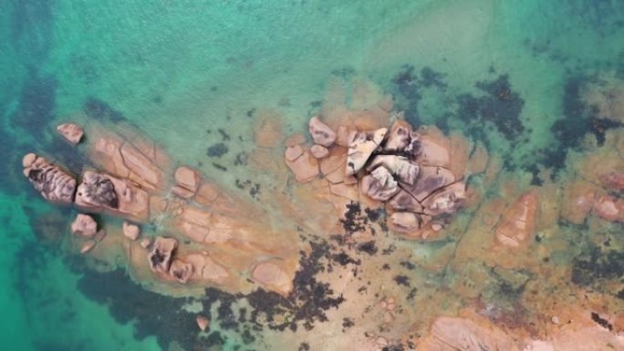 粉红色花岗岩海岸景观，法国4k布列塔尼无人机