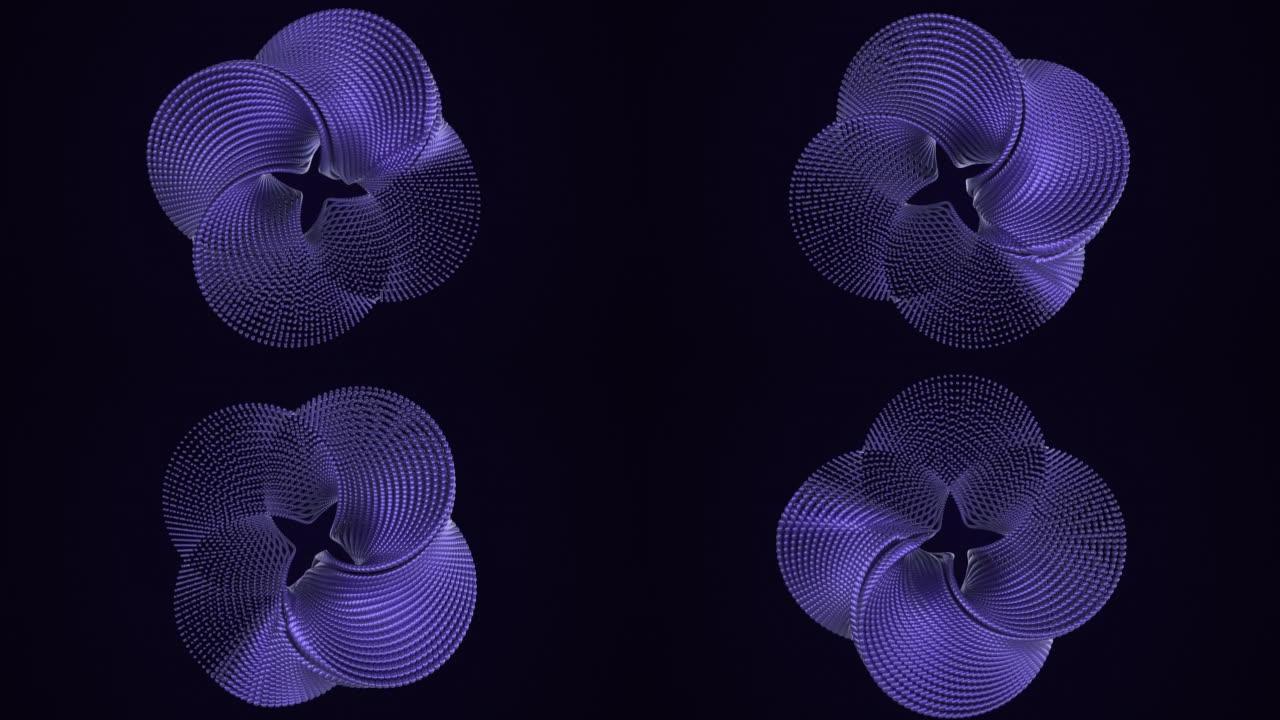 旋转抽象花的矩形粒子由黑色背景上的反射环绕，抽象扭曲的形状。深蓝色背景上的蓝色颗粒。商业演示。