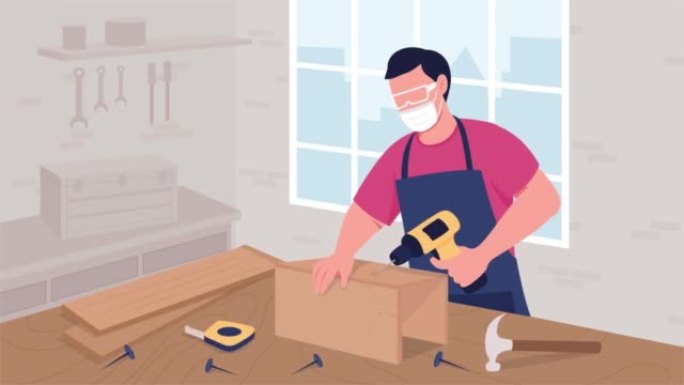 熟练的男性木工锤钻平面彩色动画插图
