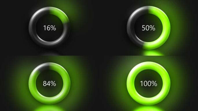 具有百分比度量的抽象。动。带有蓝色和绿色的环，随着百分比测量值的变化而移动并增加，直到100的百分比