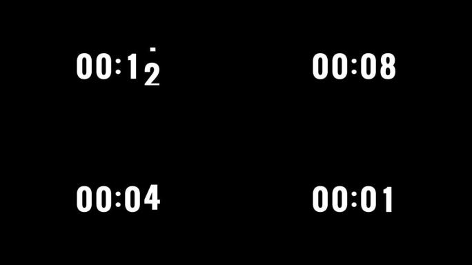 4k数字滑动倒计时实时时钟定时器在15秒到零秒。黑色背景上的白色文本编号。覆盖概念的元素