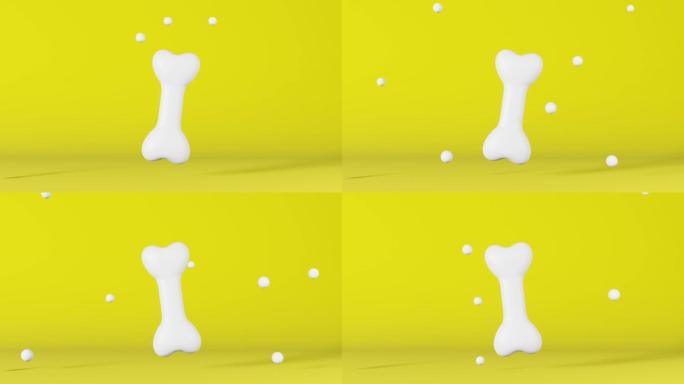逼真的健康白狗骨3d动画循环4K。宠物店横幅黄色背景。维生素营养素钙补充食物均衡饮食。家畜保健关节关
