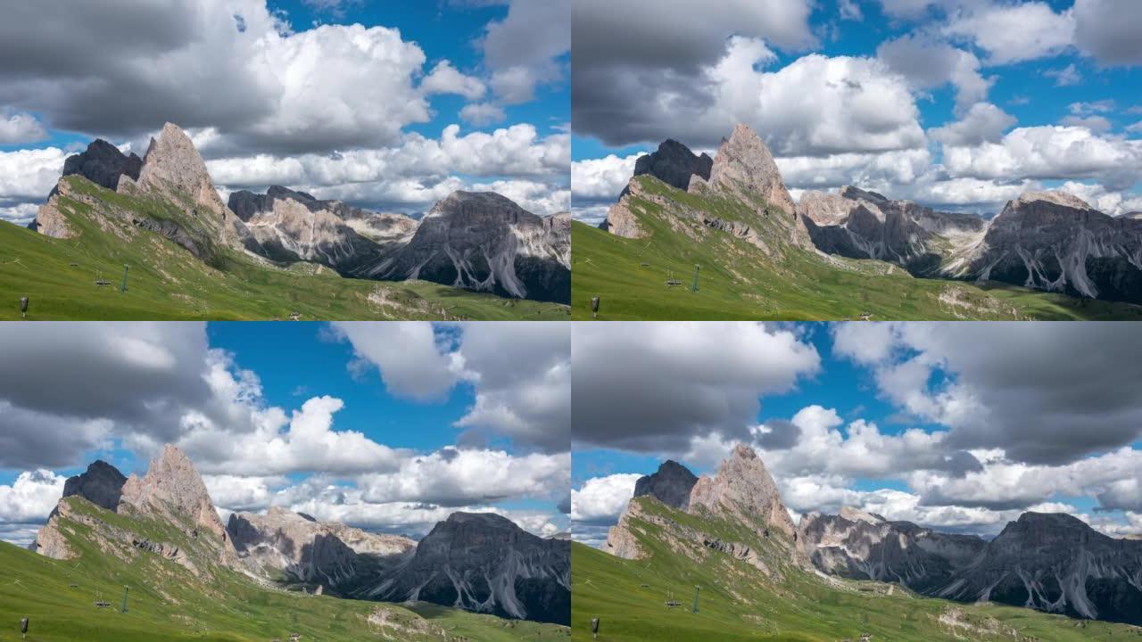 阿尔卑斯山欧洲山区运动的延时日场景意大利多洛米蒂的塞塞达南蒂罗尔多云