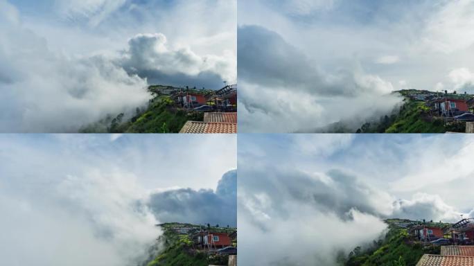 雾气弥漫的局部山区村庄的时间流逝